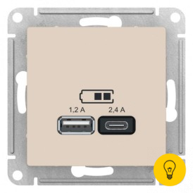 Розетка USB 2-ая тип А+С (для подзарядки), Бежевый, серия Atlas Design, Schneider Electric